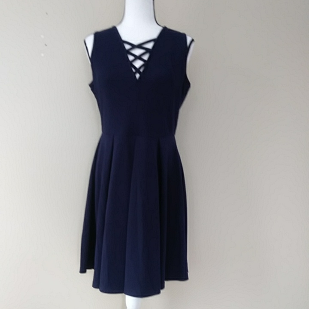 NWOT White Mark Strappy Neckline A-Line Full Dress L Navy Blue